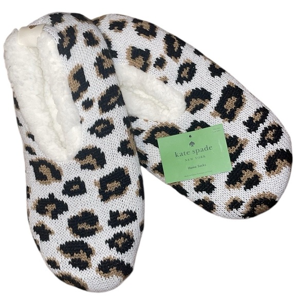 •KATE SPADE•NWT LEOPARD KNIT SHERPA LINED HOME SOCK SLIPPERS SIZE 4-10 - Picture 1 of 8